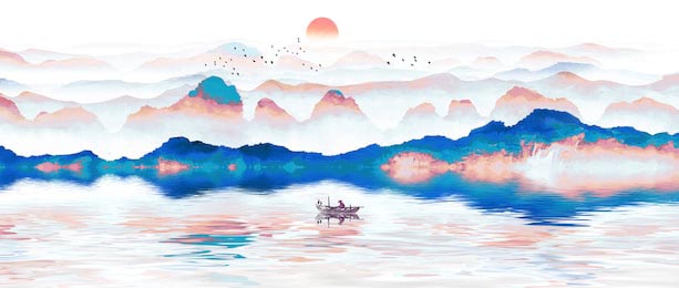 Лодка в розово-голубых тонах в китайском стиле