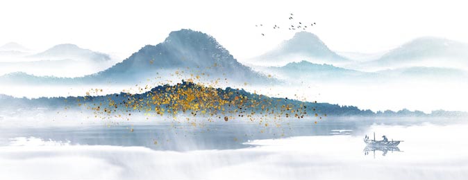 Желтые листья над водой на нежно голубом фоне гор