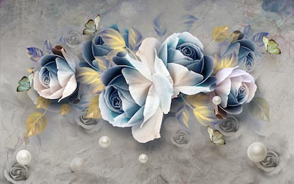 Бело-синие розы с бусинками на сером фоне