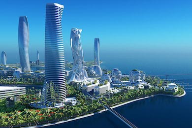 Город будущего расположеный на побережье океана
