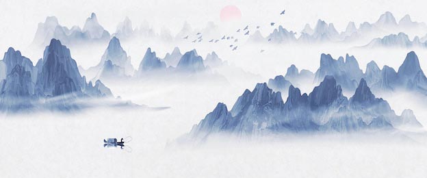 Горы в тумане и улетающих птиц к закату солнца