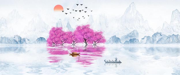 Плавающие лодки возле цветущих деревьев на фоне гор