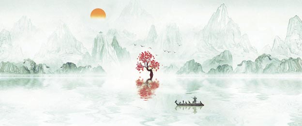 Китайский пейзаж лодка плывущая на фоне дерева
