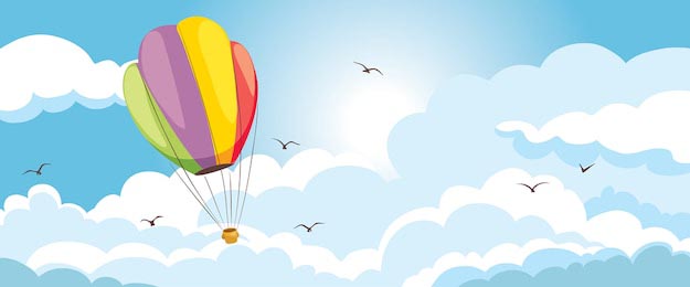 Воздушный шар летящий возле птиц окруженный облаками