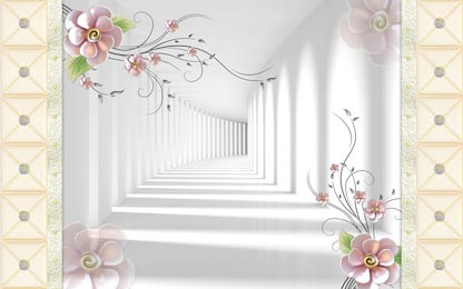 3D цветы на фоне коридора с белыми колоннами 