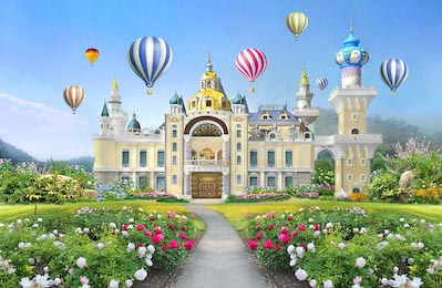 Дворец с садом и пейзажем и воздушные шары в небе