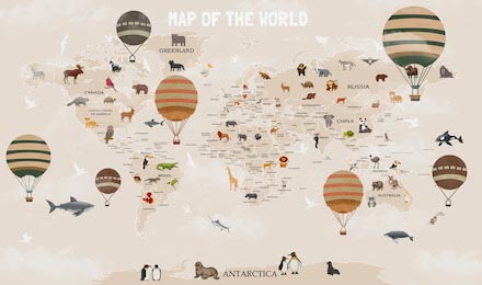 Карта мира с животными и воздушными шарами