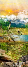 Динозавры в парке юрского периода у озера
