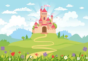 Сказочный пейзаж, дорога, ведущая к розовому замку