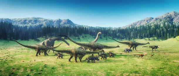 Маленькие и большие динозавры бегают по долине леса