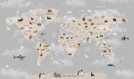 Животные на карте мира для детей в серых тонах