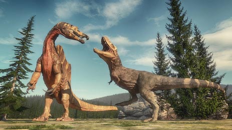 Битва спинозавра и тираннозавром в юрской долине