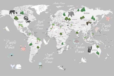 Карта мира с животными и деревьями
