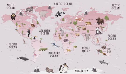 Карта мира животных для детей дизайн обоев