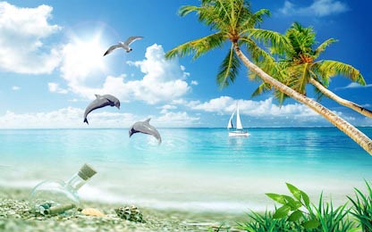 Вид на море и пляж с кокосовыми пальмами