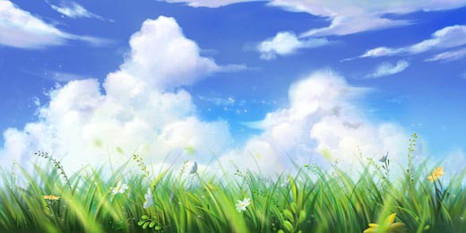Зеленая трава на фоне голубого неба с облаками