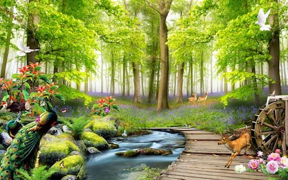 Зеленый лес с животными у реки