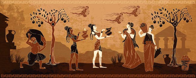 Древнегреческие боги и люди с кувшинами