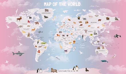 Карта мира с животными и розовой дымкой по краям