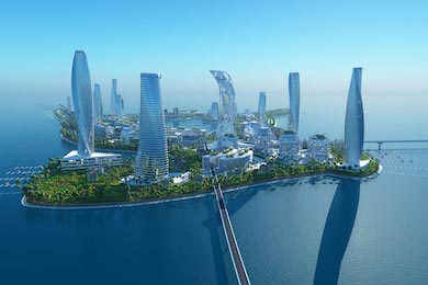 Город будущего расположенный на острове. 3D визуал