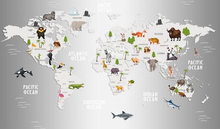 Карта мира с располоденными на ней животными