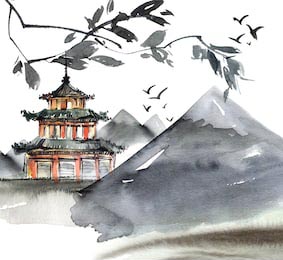 Китайскмй ландшафт с пагодой, горами и птицами