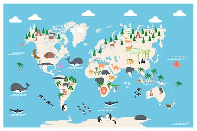 Карта мира с мультяшная животными для детей, природа