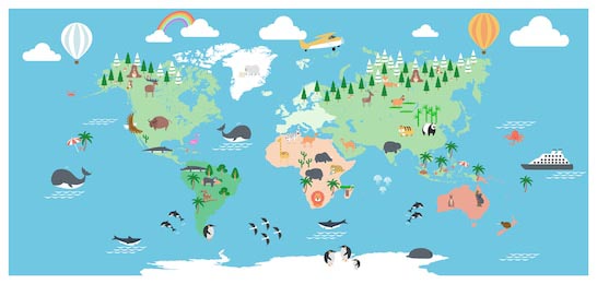 Карта мира с мультяшными животными для детей природа