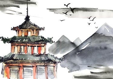 Живопись китайских гор, облаков и летящими птицами