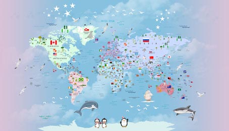 Карта мира с дельфинами, пингвинами и другими