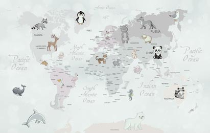 Карта мира с милыми животными для малышей