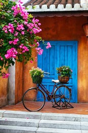 Велосипед с цветами на фоне старой стены во Вьетнаме