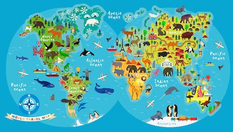 Карта мира для малышей и детей с животными - вектор