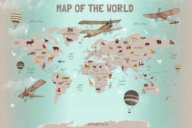 Карта мира с животными и серой дымкой по краям