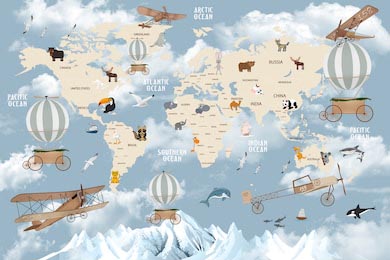 Карта мира с животными, белыми облаками и горами