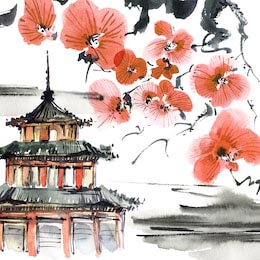 Иллюстрация ландшафта с деревом сакуры и цветения