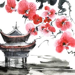 Китайская живопись сакура на фоне ландшафта