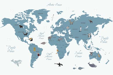 Карта мира с животными в синих цветах