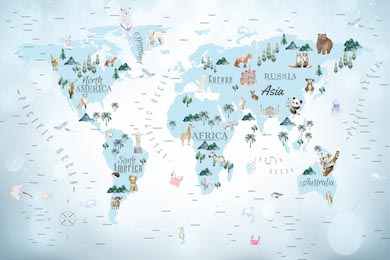 Карта мира с животными в светло-синих тонах