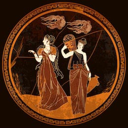 Две греческие богини росписанные на старой вазе