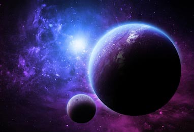 Фиолетовая планета и луна в звездной галактике