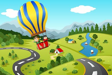 Дети на воздушном шаре над дорогой, домом и озером