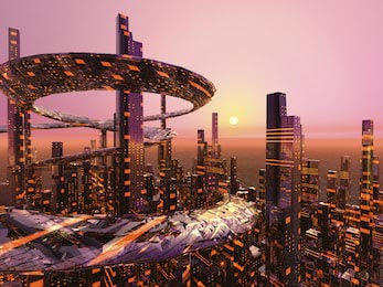 Футуристический город на закате, 3D иллюстрация
