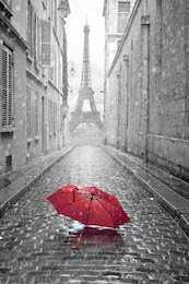 Черно-белая фотография Парижа с красным зонтом