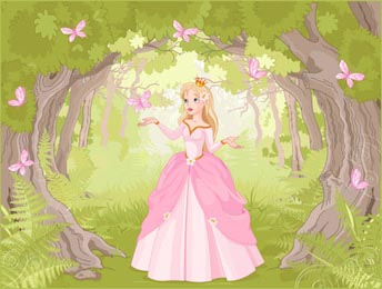 Очаровательная принцесса в лесу в окружении бабочек