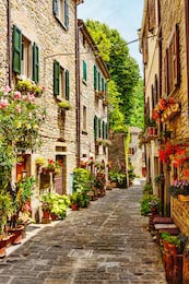 Узкая цветочная улица в старом итальянском городе