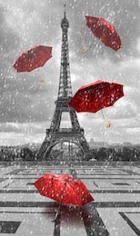 Черно-белая Эйфелева башня с красными зонтиками