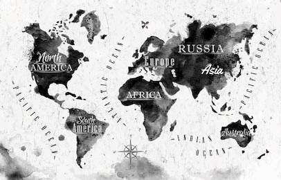 Карта мира в черно-белой графике чернилами