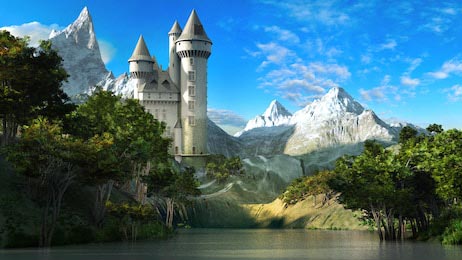 Сказочный замок на склоне гор с лесом и озером