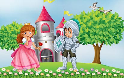 Принцесса и рыцарь на цветочной полянке возле замка